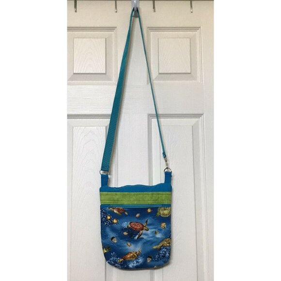 Unbranded Handbags - Colorful Sea Turtles Fish Cotton Shoulder Handbag 11" X 9" Blue Green Teal Ocean
